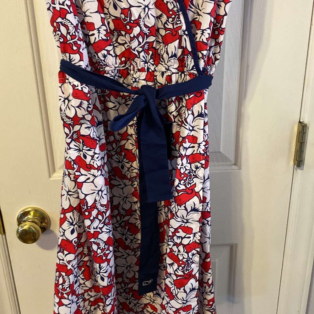 Floral Red and White Wrap Dress with Navy Trim - Picture 5 of 9